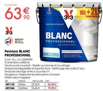 Peinture Professionnelle BLANC pour un prix seulement à partir de 63€ - Finition JURA Mate et Satinée - Promo 10L+2LGR GRATUIT 5,33€/L et 6,66€/L!