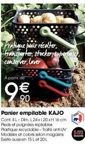 kajo cont 4 - panier empilable l-dim. l24x120xh 16 cm avec pieds et poignées repliables - 90% de plastique recyclable traité!