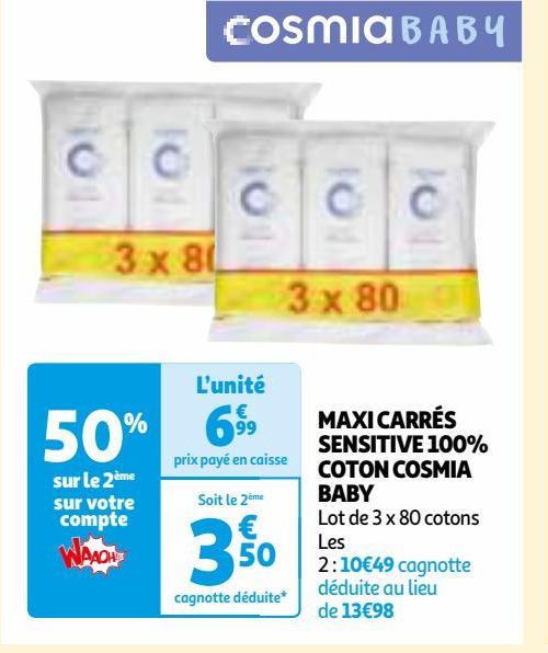 MAXI CARRÉS SENSITIVE 100% COTON COSMIA BABY