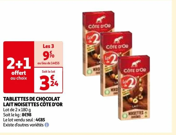 tablettes de chocolat lait noisettes côte d'or