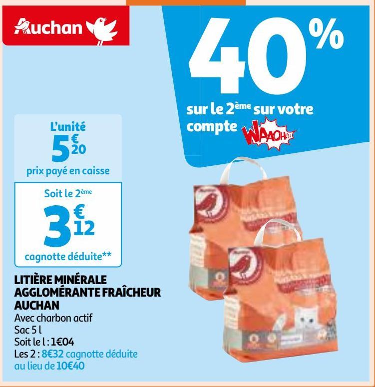 LITIÈRE MINÉRALE AGGLOMÉRANTE FRAÎCHEUR AUCHAN