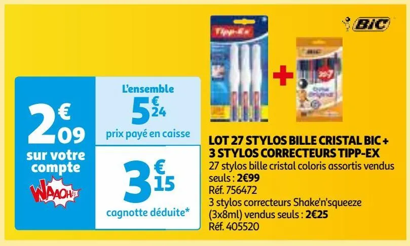 lot 27 stylos bille cristal bic + 3 stylos correcteurs tipp-ex