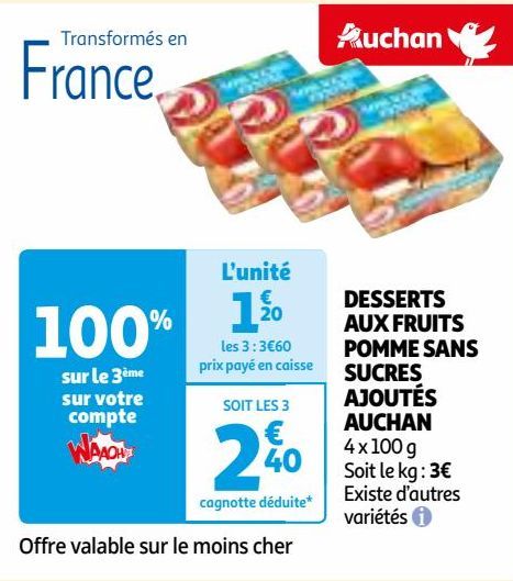 DESSERTS AUX FRUITS POMME SANS SUCRES AJOUTÉS AUCHAN