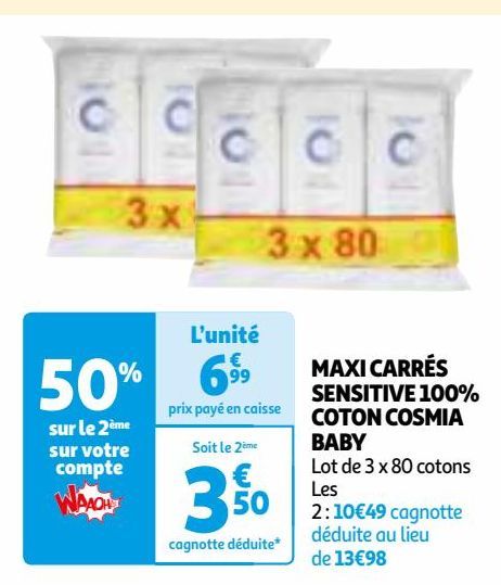 MAXI CARRÉS SENSITIVE 100% COTON COSMIA BABY
