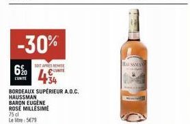 Baron Eugène Rosé -75cl -30% : 4€28! Délicieux AOC de Bordeaux Supérieur à 5€79 le litre.