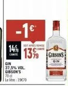 gibson's gin 37,5% vol. 70cl - 14% de réduction - 1970.