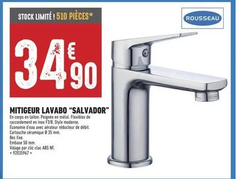 salvador: mitigeur lavabo à stock limité, 34,90€ ! 510 pièces uniquement. poignée en metal, flexibles de raccordement en inox f3/8. economie d'eau.