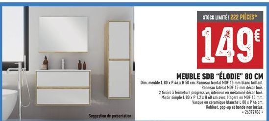 ÉLODIE - Meuble de Salle de Bains 80 cm - Promo - Blanc Brillant + Décor Bois - 2 Tiroirs à Fermeture Progres