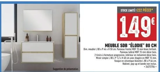 élodie - meuble de salle de bains 80 cm - promo - blanc brillant + décor bois - 2 tiroirs à fermeture progres