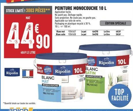 3003 pièces : Peinture monocouche 10L - Sans projection, ne coule pas/goutte pas - Séchage rapide, ne jaunit pas - Promo, Packaging en plastique recyclé!