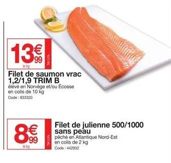 offre spéciale : saumon & julienne élevés en norvège/écosse & pêchés en atlantique nord-est - 13€/kg & 8€/kg.