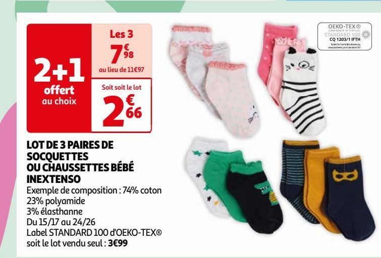 LOT DE 3 PAIRES DE  SOCQUETTES  OU CHAUSSETTES BÉBÉ  INEXTENSO