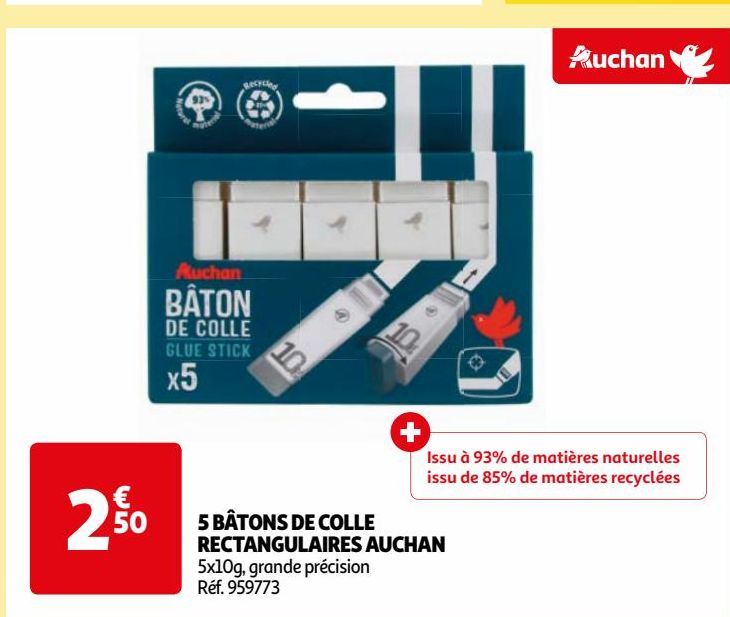 5 BÂTONS DE COLLE  RECTANGULAIRES AUCHAN