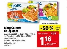 bjorg : 50% de réduction sur galettes de légumes à 2,33€ le produit et 3,49€ les 2