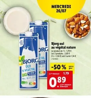 promo -50%: bjorg oui au végétal nature à 1,79€ le produit 1l