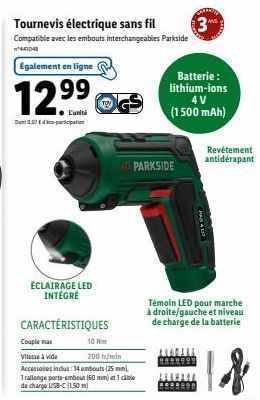 Tournevis Electrique sans Fil Parkside - 10 Nm, Couple Max. - Éclairage LED - 12.99 GS - Embouts Interchangeables Inclus.