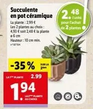 plantes succulentes en pot céramique: 2,99€ chacune ou 2 pour 4,93€ - hauteur 10 cm min. -35% sur la 2e plante!