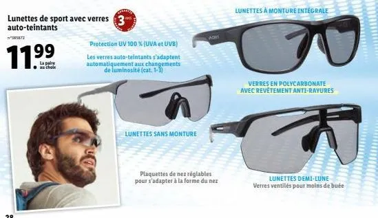 lunettes de sport m*385872 11.9⁹⁹9⁹ - verres 3 auto-teintants & protection uv 100% (uva/uvb)
