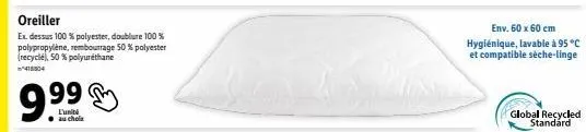 oreiller hygiénique polyster/recyclé et polyuréthane - 60x60 cm - 95°c - 93 9.⁹⁹ € l'unité