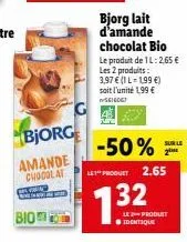 bjorg - lait d'amande chocolat bio - 50% de réduction - 199€ (1l) soit 1,99€ l'unité!