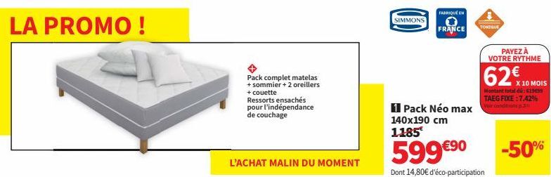 SIMMONS: Frais d'achat offerts! Pack Néo max air conditi. Matelas + sommier + 2 oreillers + couette + ressorts ensachés.