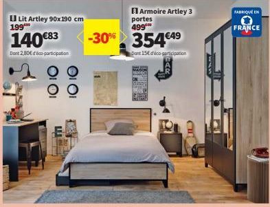 Fabrique en France : Lit Artley 90x190 cm à 199€ et Armoire Artley 3 portes à 354€! Promos de -30% et Eco-participation.