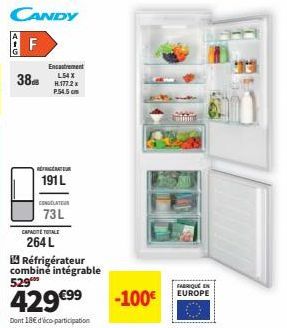 Réfrigérateur combine intégrable 529™, F\ CANDY: Encastrement L54 X 38,177.2 cm, Réfrig. 191 L, Cong. 73 L, 264 L en tout - Promo!