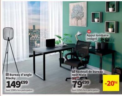 Bureau d'angle Blacky & Fauteuil de bureau noir Niala -20% : Appui lombaire intégré, 149 € & 99 €!