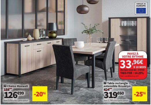 Promo de -20 et -25% Jusqu’à 10 Mois : Chaise Maxwell, Table Rectangle Extensible Brooklyn et Plus - Fabriqué en Europe!