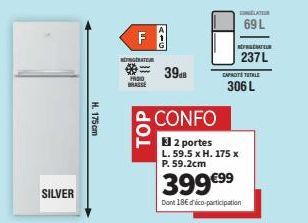 Réfrigérateur Silver H.175cm  FROO-BRASSE - 2 portes - 237L/306L/69L - 399€99 avec éco-participation.