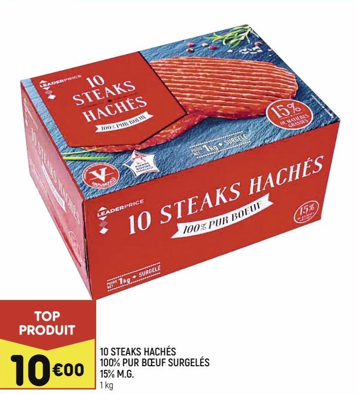 10 steaks hachés 100% pur boeuf surgelés 15% m.g.