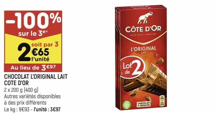 chocolat l'original lait Côte d'or