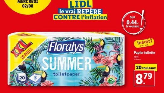 Floralys Summer Toiletpaper : 20 Rolls à 0,44€ - 4000 feuilles par rouleau - Disponible chez LIDL !