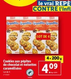 Lot de 4 Cookies aux Pépites de Chocolat et Noisettes Caramélisées - Sritm Grandino - 4x200g, 4.09€.