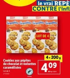 lot de 4 cookies aux pépites de chocolat et noisettes caramélisées - sritm grandino - 4x200g, 4.09€.