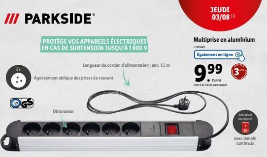 III PARKSIDEⓇ 6x Obturateur Multiprises: Protéger Jusqu'à 1800V et Cordon de 1,5m!