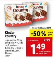 promo : -50% de réduction sur le produit kinder country ! 211,5g à 2,99€ et 4,48€ par kg de 2067 bananes, dum 02/08 au 08/08 !