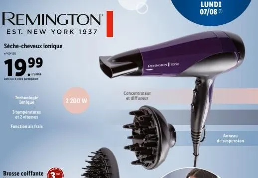remington sèche-cheveux ionique 19,99€ + 11€ partn. | technologie ionique, 3 températures & diffuseur.