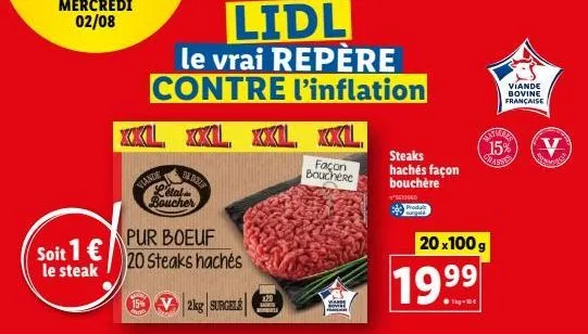 offrez-vous les steaks hachés xxl façon boucherie lidl, 2kg pour seulement €1! pur boeuf, 20 steaks surgele de daly.