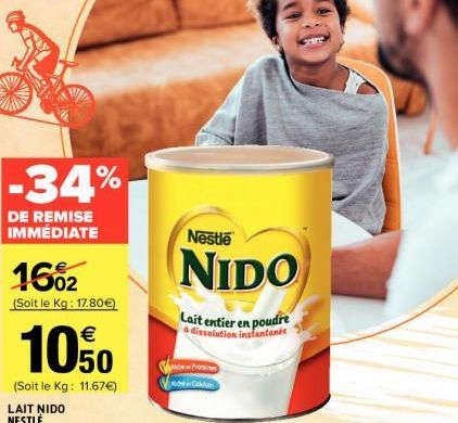 Remise Immediate de 34% sur le Lait Entier en Poudre de Nestle: 17.80€/Kg