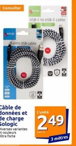 Câble USB-C à USB-C 3 m Sologic: Un câble ultra-fort à 249€, 8-pins, diverses couleurs!