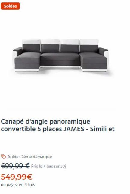 Soldes 2ème Démarque : JAMES Canapé d'angle Panoramique 5 Places Simili - 549,99 € ou Payez en 4 Fois !