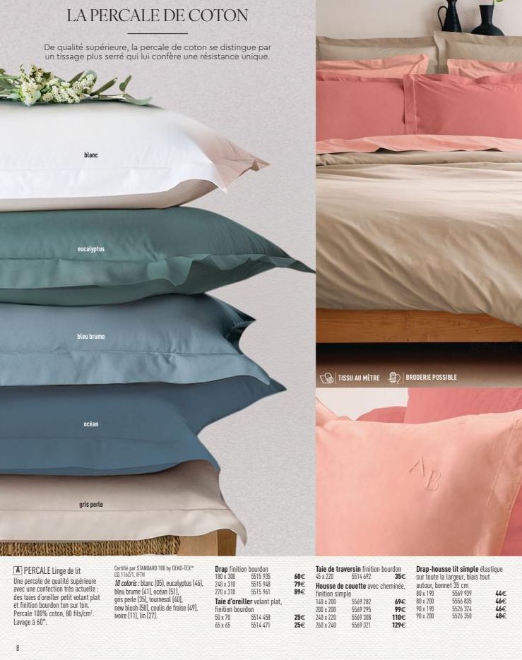 Percale de Coton Premium: Blanc, 8, Eucalyptus, Bleu Brume, Océan, Gris Perle - Grande Résistance et Qualité!