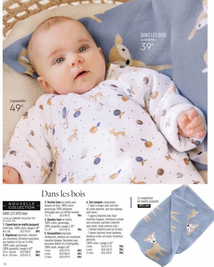 grenouillère bébé - nouvelle collection dans les bois - 49€ - certifié standard 100 by oeko-tex® co 1162/4, ifth - maille jacquard avec motif faon, lavage 30°.