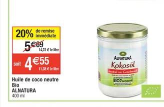 Huile de Coco Neutre Bio ALNATURA 400ml: Remise Immediate de 20%, 4,55€ le Litre!