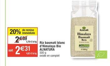 ALNATURA Himalaya Bio Basmati Reis 500g – 20% de Remise soit 2,89 €/kg !”