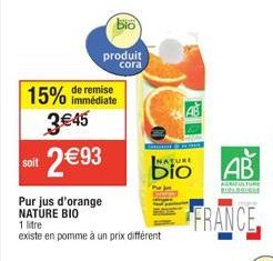 Remise Immediate de 15% sur le Pur Jus d'Orange Nature Bio de Cora! (192 caractères)