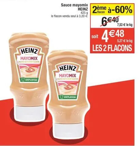 le ketchup heinz mayomix à -60%, 2 flacons à 6€40 soit 4€48 / kg !