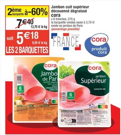 Offrez-vous un Jambon Cuit Supérieur Découenné Dégraissé CORA à 7€40/barquette ou à 3,70€/tranche!