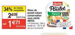 Promo! Poulet Herta sans nitrite à 18,50€/kg, 34% de remise et -25% de sel. 4 tranches, 140 g à 12,21€/kg.